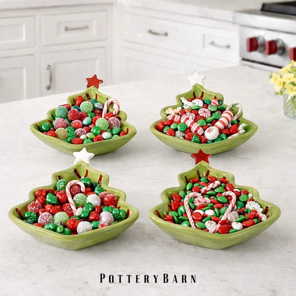 NIB Vintage Pottery Barn Christmas Tree Candy Dishes Set of 4